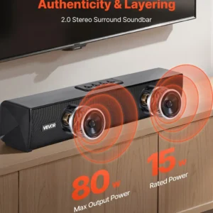 VEVOR Sound Bar for Smart TV, 2.0 Channel, 17-Inch Compact Soundbar TV Speakers for Projector, Bluetooth AUX Connection, Remote Control, Easy Setup, 80W Surround Sound System for PC Home Theater Audio