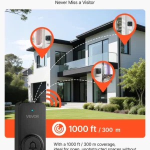 VEVOR Wireless Doorbell Kit, IP54 Waterproof Door Chime Ranges up to 1000 ft, 5 Adjustable Volumes, 48 Ringtones, Easy Installation, Wireless Doorbell Ideal for Home, Doorway, Classroom, Office, Black