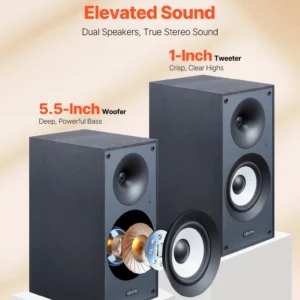 VEVOR Powered Bookshelf Speakers, 25W x 2, Active Studio Monitor Speaker with 5.5 Inch Woofer, Bluetooth/RCA/Coaxial/Optical/USB/Subwoofer Connection, Wooden Enclosure, for Record Player Turntable PC